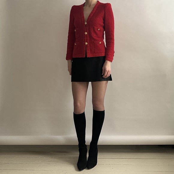 Vintage 80's Designer Adolfo Red Bouclé Wool Set with Lady Jacket & Skirt - Picture 5 of 12
